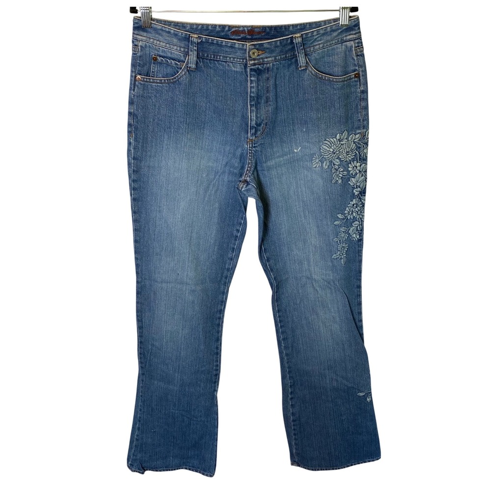 Eddie Bauer Floral Embroidered Jeans Womens 12 Tall Blue Straight Leg Boho Y2K